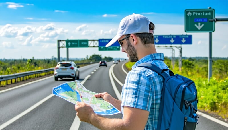 Traveler reviewing toll road map and payment options