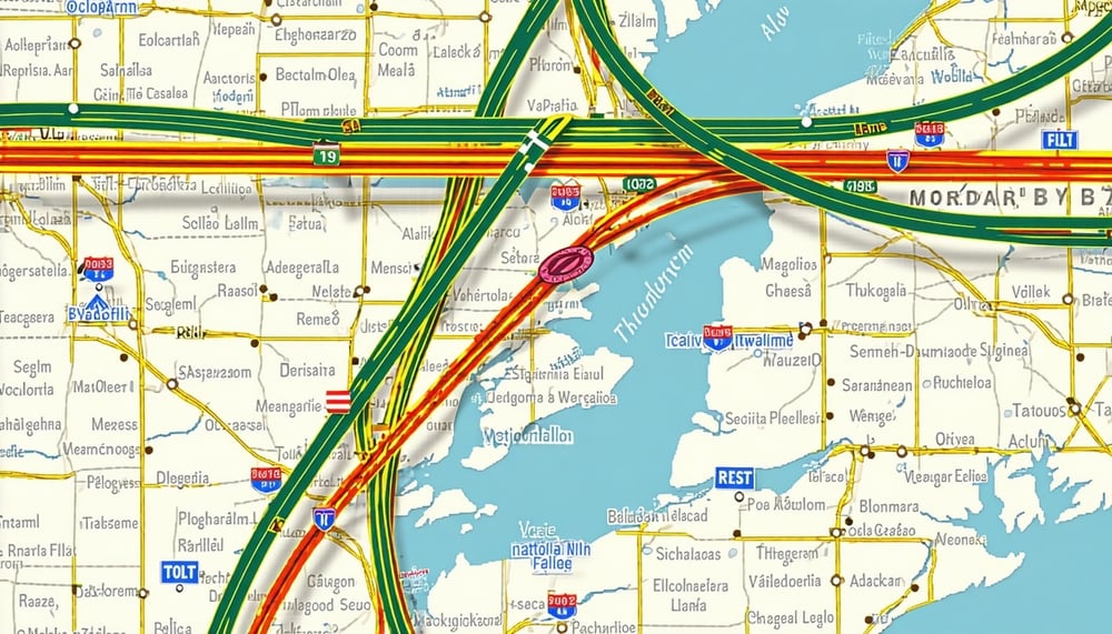 Map with highlighted toll roads and travel routes